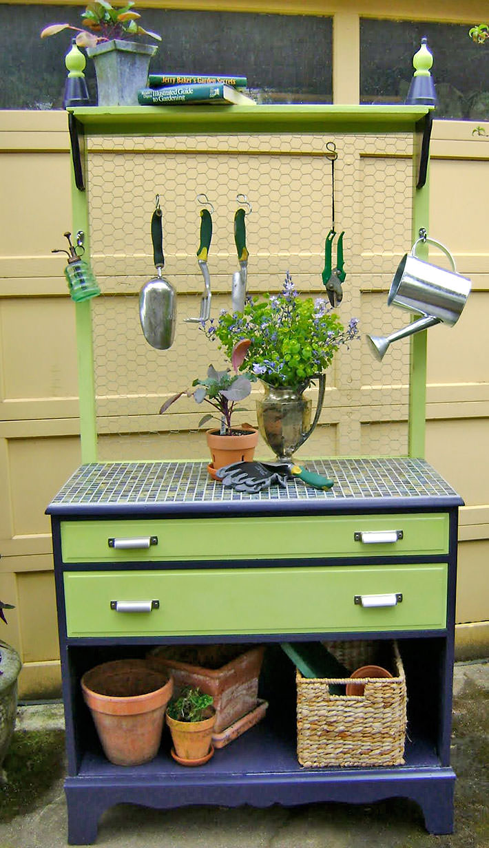 DIY potting bench from an old dresser.