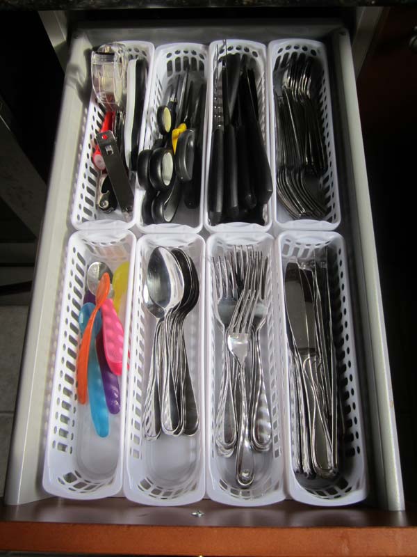 Dollar Store Bins Cutlery Drawer Organization.