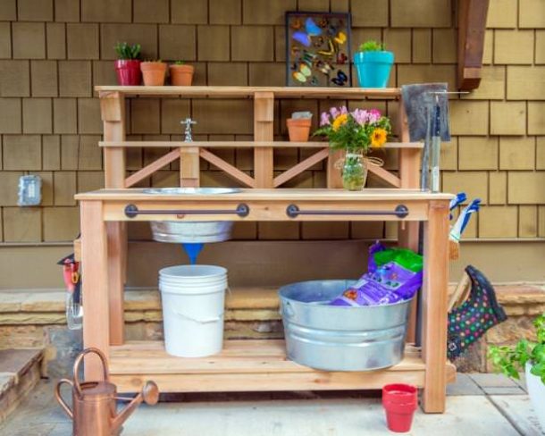 Potting bench with a sink.