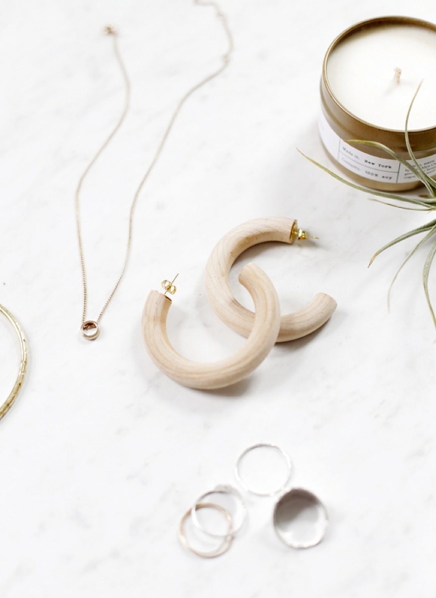 Simple wood hoop earrings.