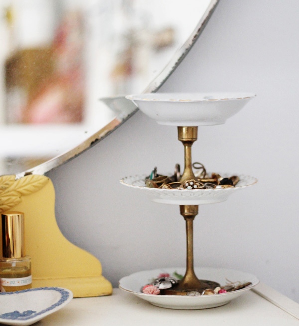 Turn vintage dishes and candlesticks into a charming jewelry stand.