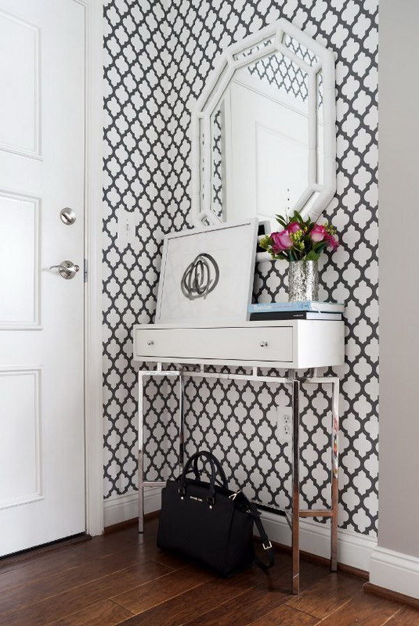 Adding Graphic Wallpaper Brings Dimension to a Small Entryway.