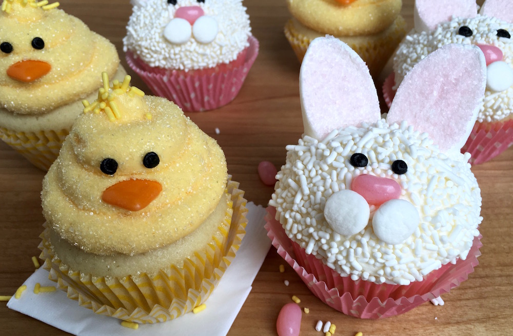 Easter Bunny and Chick Cupcakes.