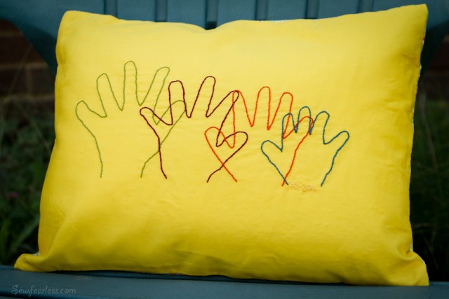 Embroidered Handprint Pillow.