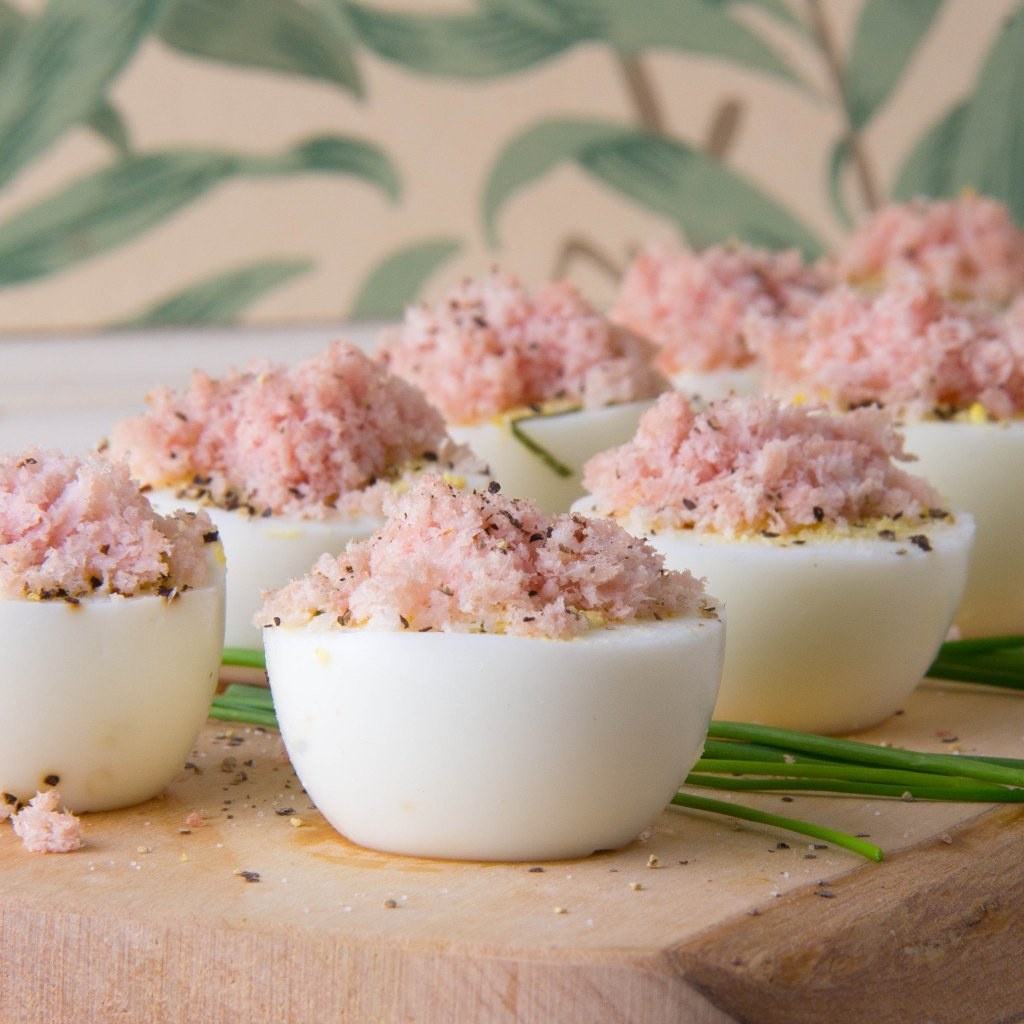 Basil And Fluffy Ham Deviled Eggs.