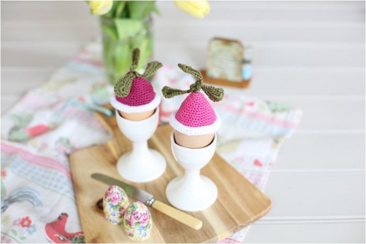 Crochet Radish Egg Cosies.