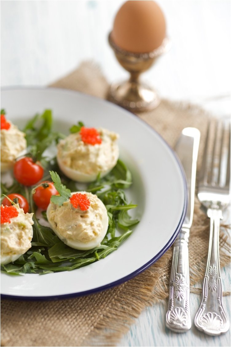 Deviled Eggs With Smoked Salmon, Avocado And Caviar.