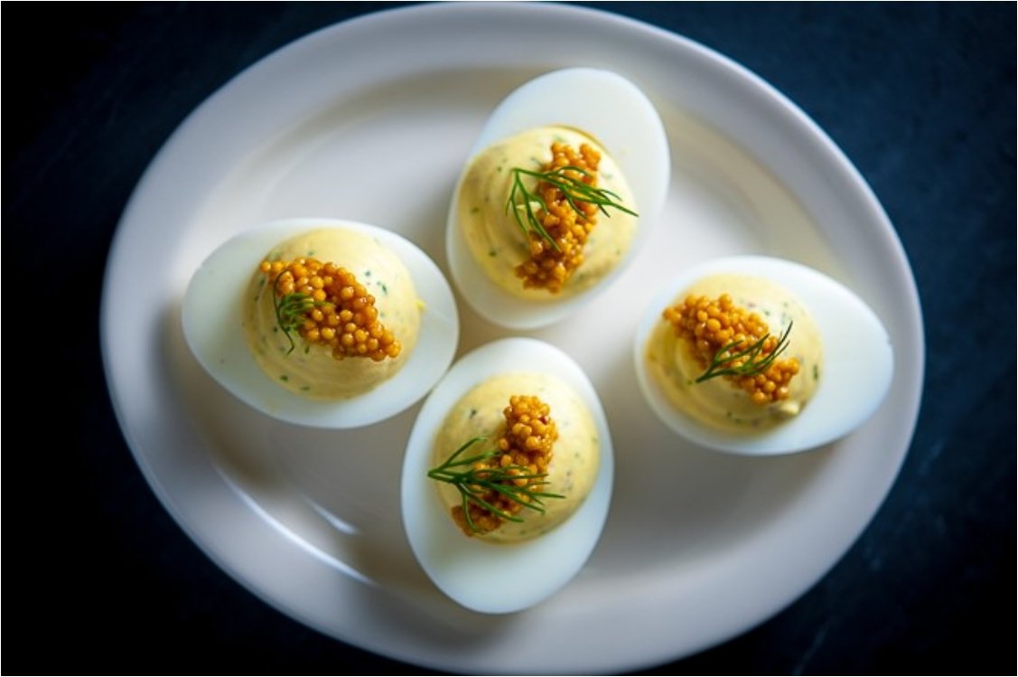 Pickled Herring Deviled Eggs With Mustard Seeds & Dill.