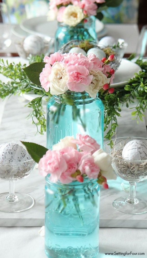 Spring Table Decoration with Mason Jars and Fresh Flowers.