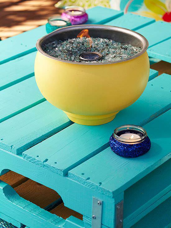 Beautiful flaming centerpiece with a galvanized bowl.