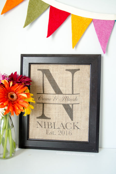 Burlap Monogram Wedding Gift.