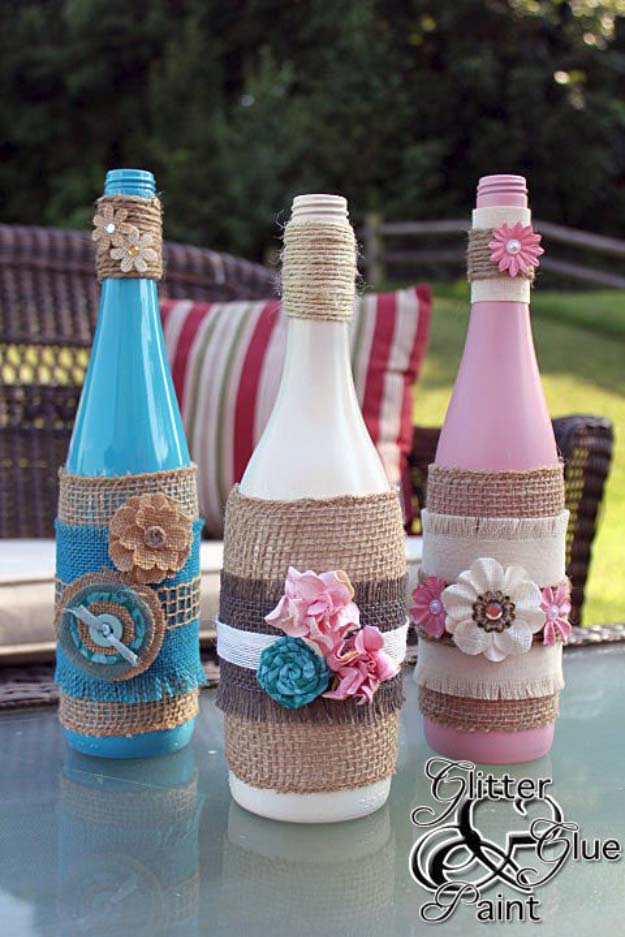 Burlap Wrapped Tiki Wine Bottles.