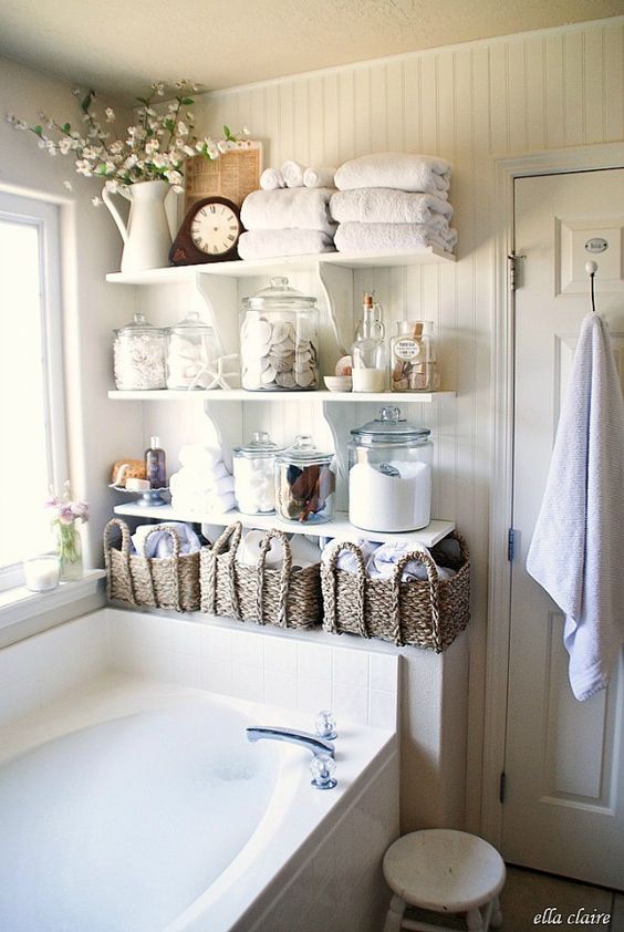 Chic Bathroom with DIY Plank Wall and Open Shelving.