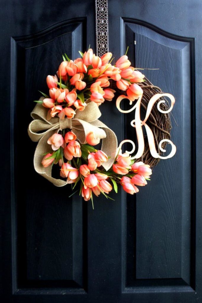 Festive Floral and Burlap Monogram Wreath.