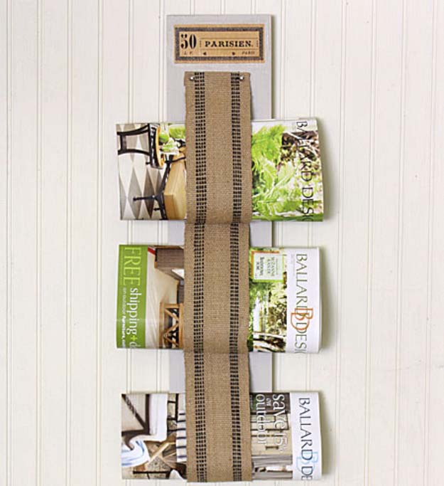 French Inspired Burlap Magazine Rack.