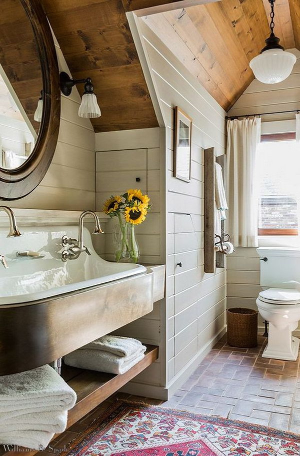 Fresh Rustic Bathroom With Brick Floor.