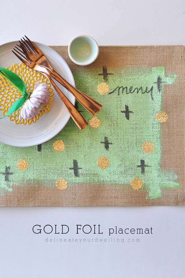 Gold Foil Burlap Placemats.