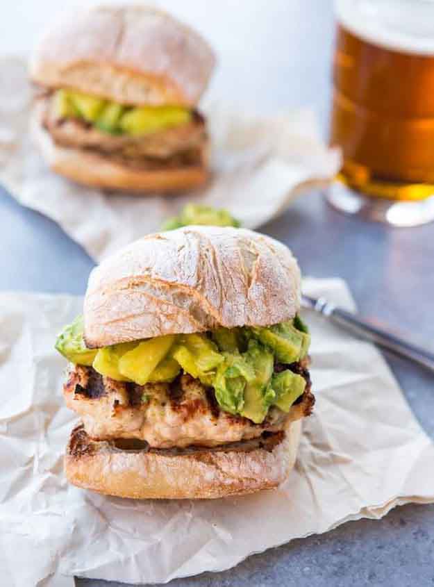 Grilled Turkey Burger With Ginger Avocado Pineapple Salsa.