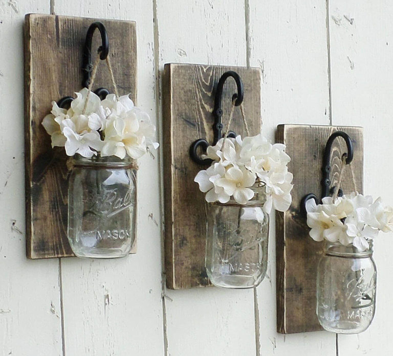 Hanging Mason Jars Filled with Flowers.