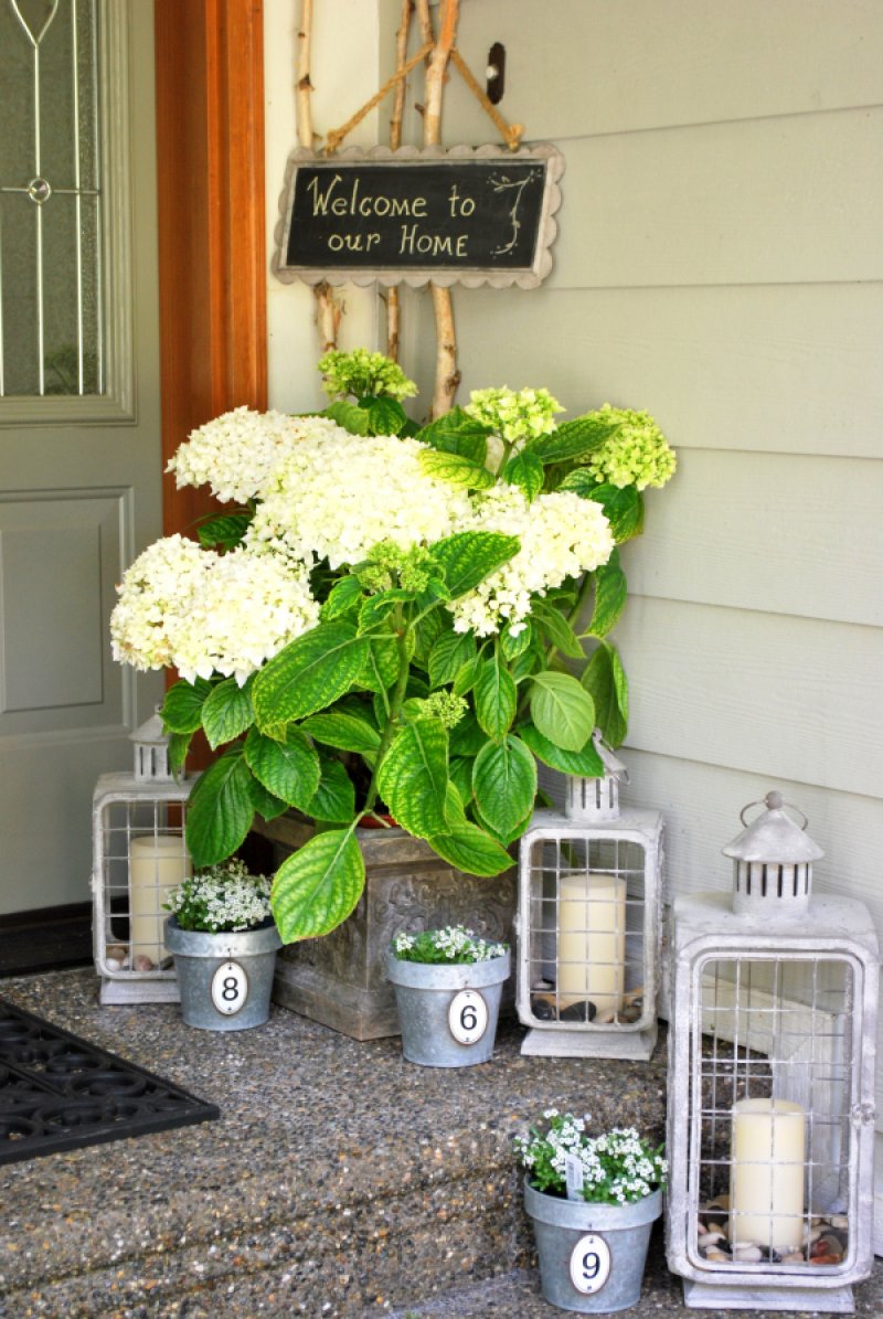 Hydrangea planter with other rustic items.