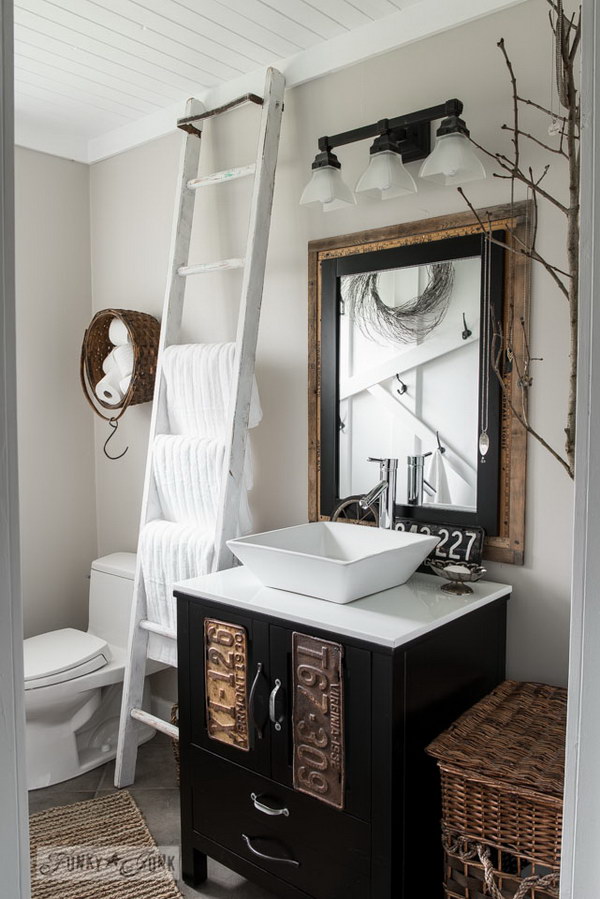 Rustic Bathroom With DIY Plank Ceiling.