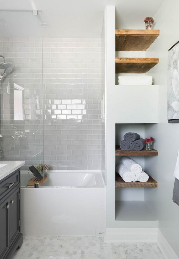 Rustic Bathroom With Wood Shelving.