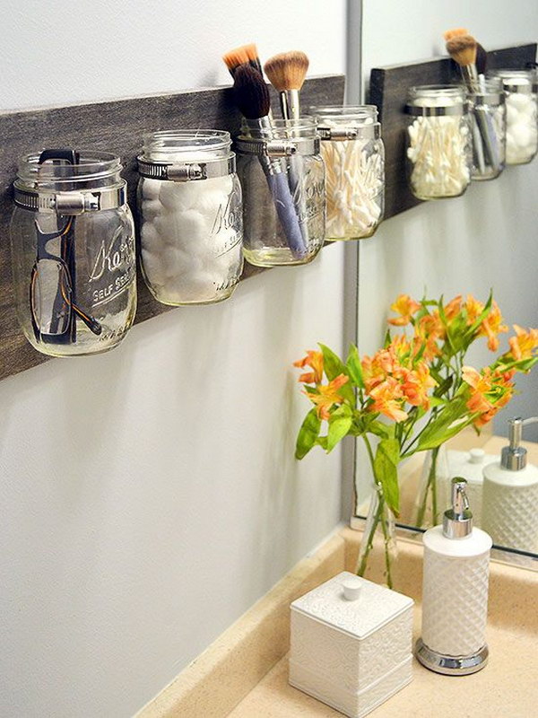 Rustic Mason Jar Rack Used As Makeup Organizers.