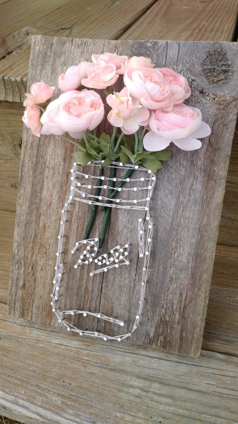 Rustic Mason Jar String Art Floral Display.