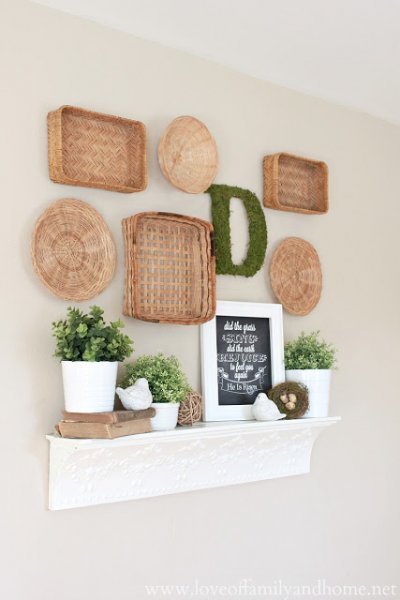 Spring Mantel with Baskets.