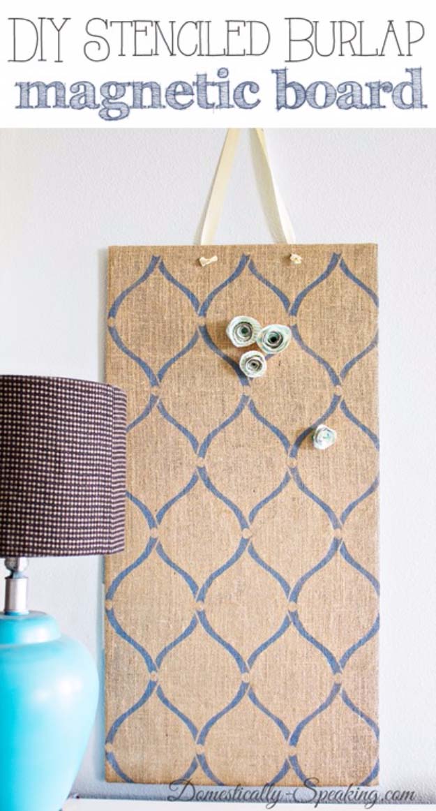 Stenciled Burlap Magnetic Boards.