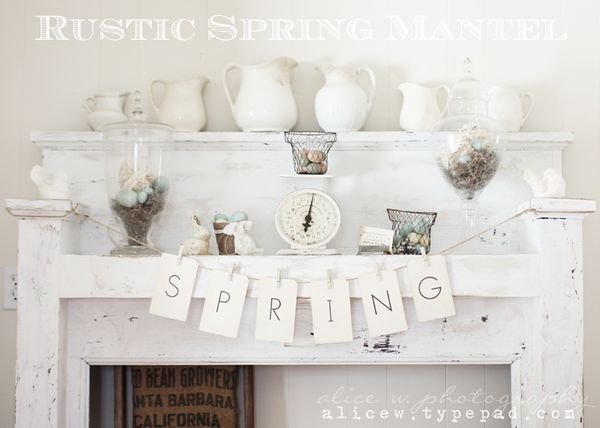 White Rustic Spring Mantel.