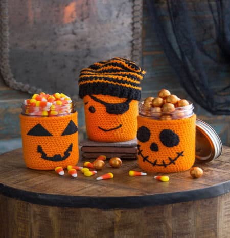 Crochet Halloween Jar Cozies.