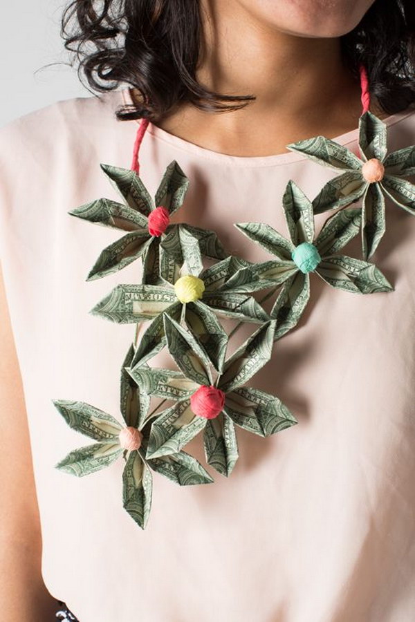 DIY Money Necklace Made from Origami Flowers.