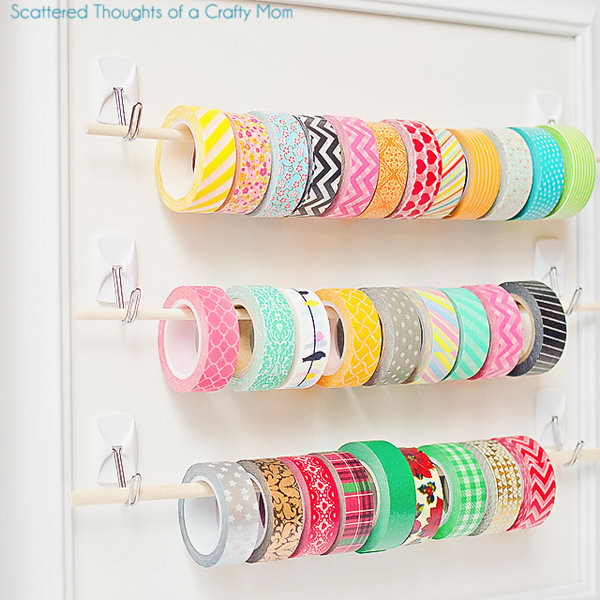Easy Washi Tape Storage with Sticky Hooks and Wooden Dowels.