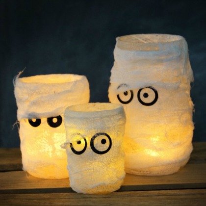 Mummy luminaries for Halloween decorations.