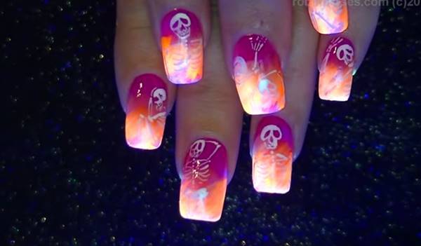 Neon Skeletons Halloween Nails.