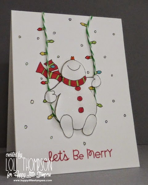 Snowman Swinging on a string of lights Card.