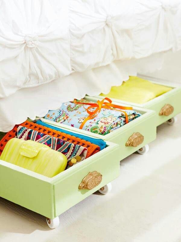 Upcycle old drawers by adding wheels on the bottom for underbed storage.