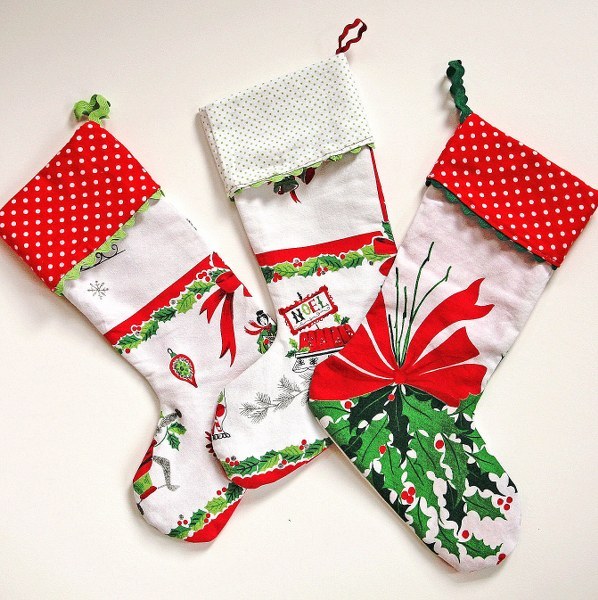 Vintage Tablecloth Christmas Stockings.