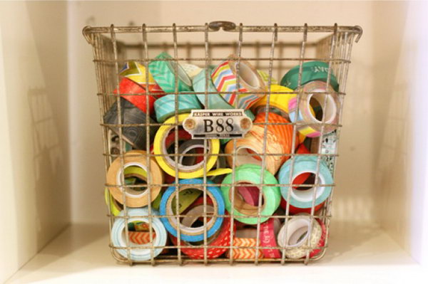 Vintage Wire Basket Used as Washi Tape Storage.