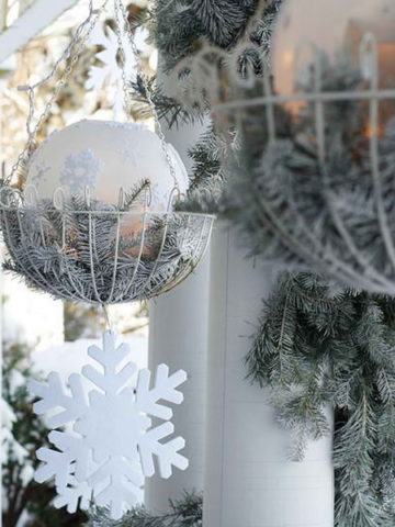 Elegant Hanging Baskets with Frosted Evergreen Branches and Sparkling Accents.