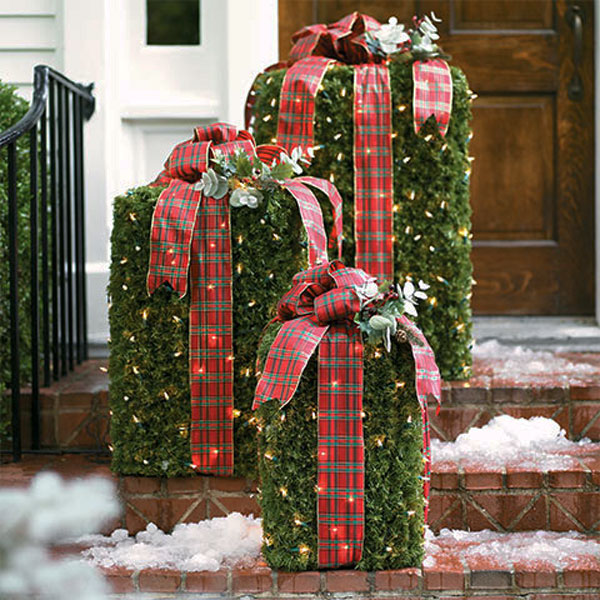 Greenery Boxes with Lights and Plaid Bows.