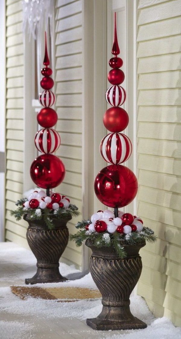 Red and White Ornaments Topiary Outdoor Decoration.