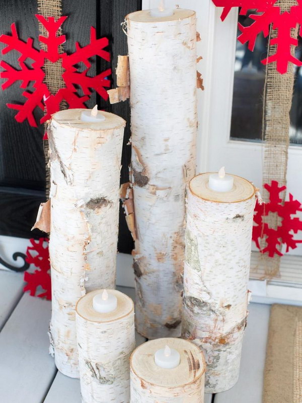 Wooden Christmas Candles with Red Snowflakes.