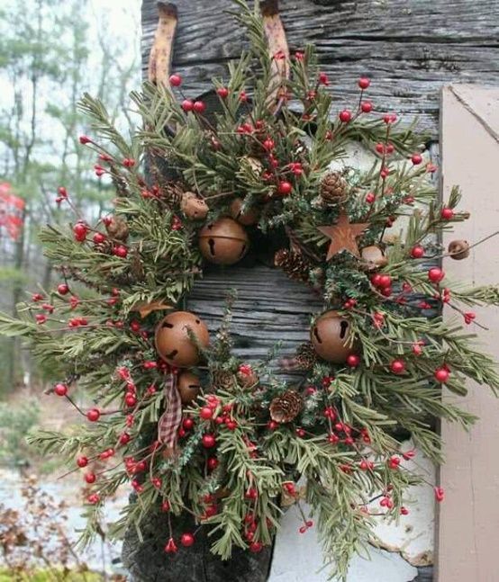 Christmas Wreath with Bells, Berries and Greenery.