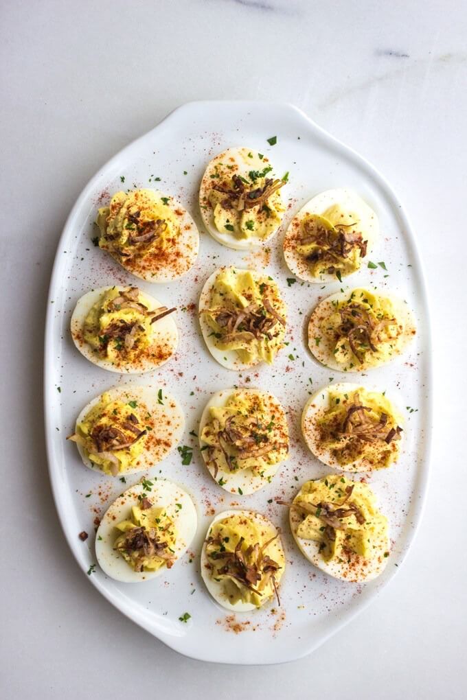 Crab Deviled Eggs with Crispy Shallots