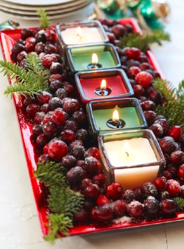 Cranberry candles centerpiece.