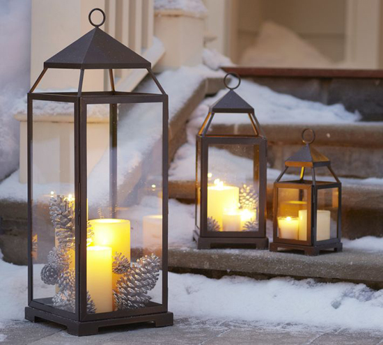 Customize multi-sized lanterns with candles, pinecones, berries and greenery.