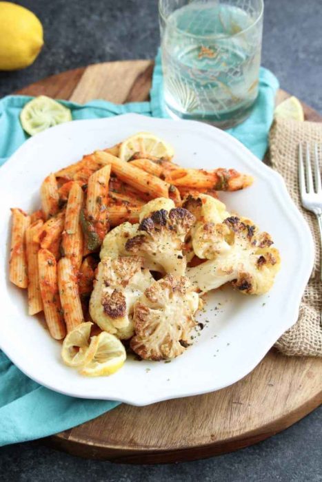 Lemon Garlic Cauliflower Steaks With Fire-Roasted Red Pepper Pasta.