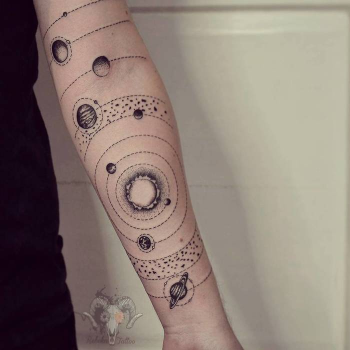 Solar system forearm tattoo
